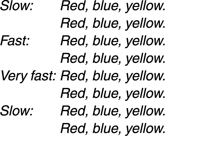 Slow: Red, blue, yellow. Red, blue, yellow. Fast: Red, blue, yellow. Red, blue, yellow. Very fast: Red, blue, yellow....