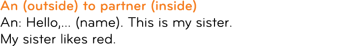 An (outside) to partner (inside) An: Hello,... (name). This is my sister. My sister likes red.