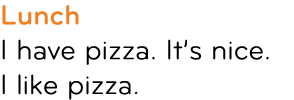 Lunch I have pizza. It’s nice. I like pizza.