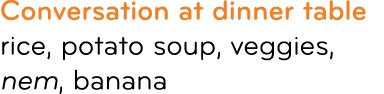 Conversation at dinner table rice, potato soup, veggies, nem, banana